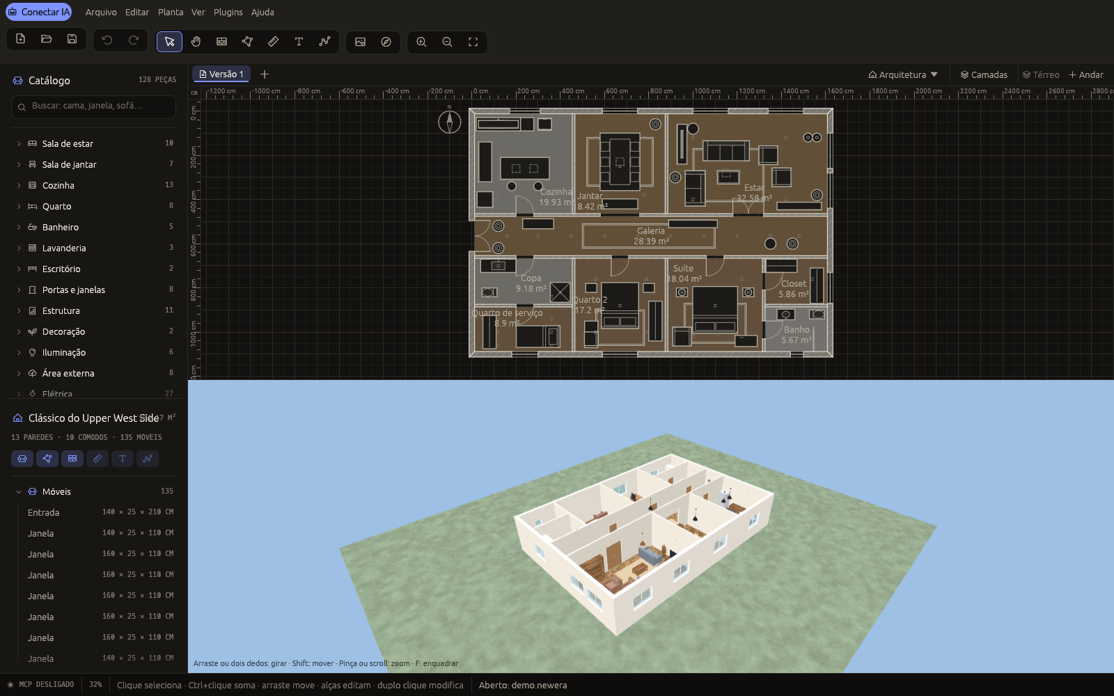 O editor com catálogo, planta humanizada e vista 3D